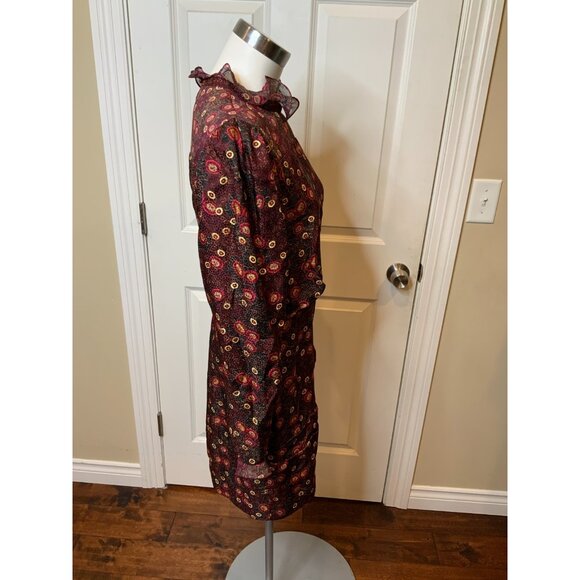 Saloni Dotty Ruffled Printed Silk Burgundy Mini Dress $650 Size 8 - Picture 4 of 7